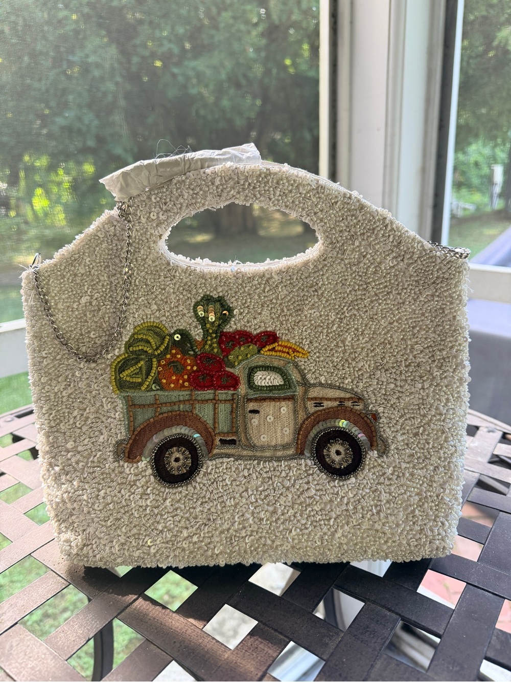 Viral Cream Beaded Truck Tote with Colorful Fruit Embroidery, NWT, metal handle